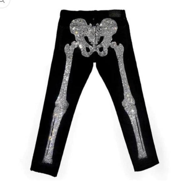 Klan Life Clothing Women’s Skeleton Rhinestone Denim Pants - Picture 1 of 4